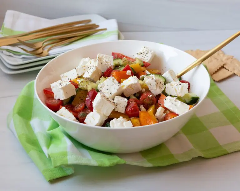 Greek Salad with feta, tomatoes, cucumbers and red, yellow and orange peppers!