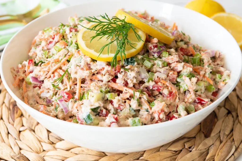 Large bowl of Canned Salmon Mediterranean Salad