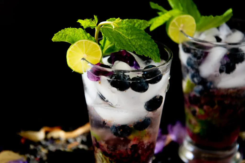 Blueberry Mojito Mocktail with Blueberries, Mint and Lime in a Tall Glass