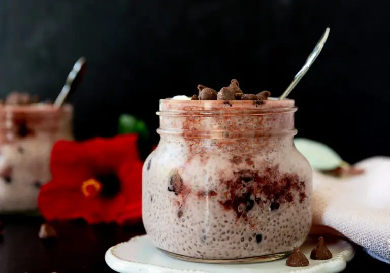 Cherry Chia Pudding with a Red Hibiscus Flower