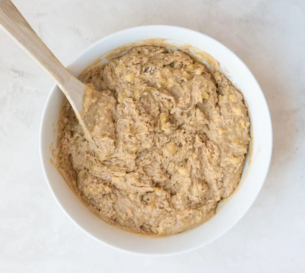 Combine Wet and Dry Ingredients for baking in White Bowl