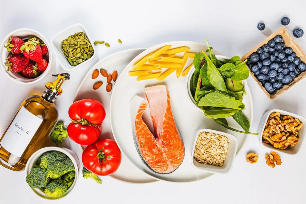 Colorful fruits, veggies and fish