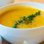Bowl of Butternut Squash Soup with Thyme and Leeks