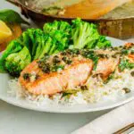 Plate of Salmon Scampi and Broccoli