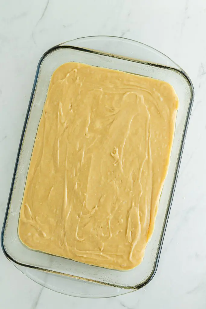 Pour Gluten Free and vegan Poke Cake into prepared baking dish