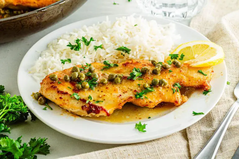 Plate of Gluten-Free Chicken Piccata and rice.