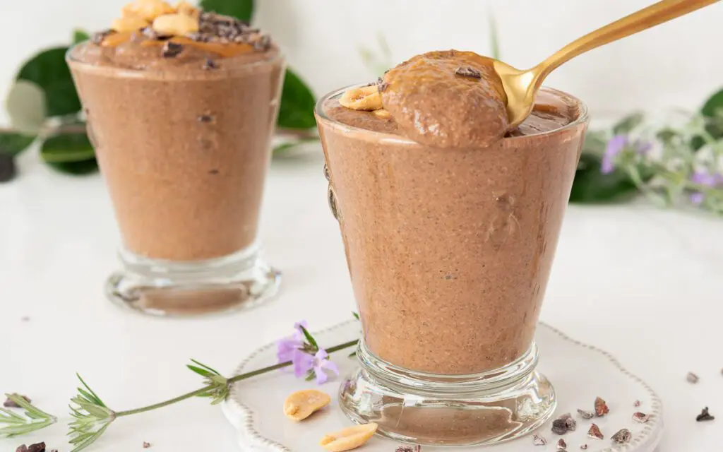 Spoonful of chocolate peanut butter chia pudding.