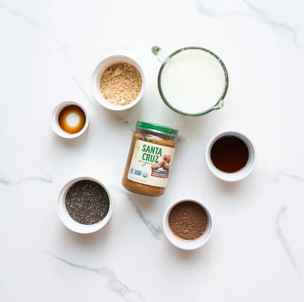 ingredients for chocolate peanut butter chia pudding.