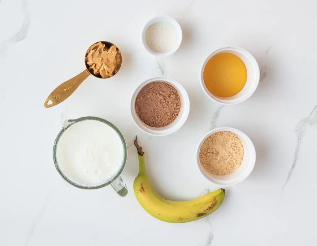 Ingredients for peanut butter protein smoothie.