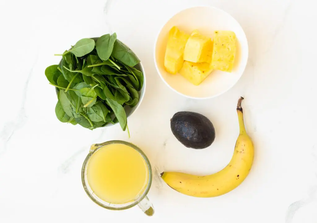Ingredients for Pineapple and Avocado Green Smoothie.