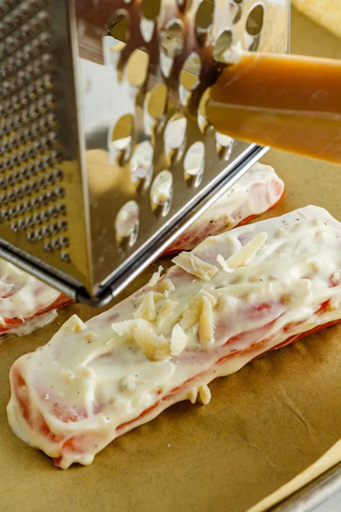 Grate parmesan cheese onto mayo covered salmon filets