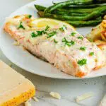 The Best Salmon with Mayo Parm and vegetables