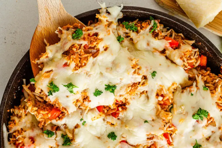 Large skillet of unstuffed pepper recipe with cheese