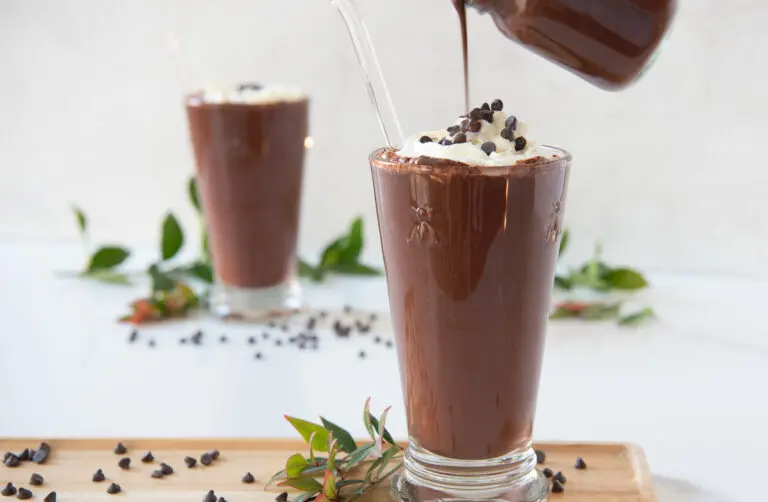 Glass of high fiber chocolate protein smoothie
