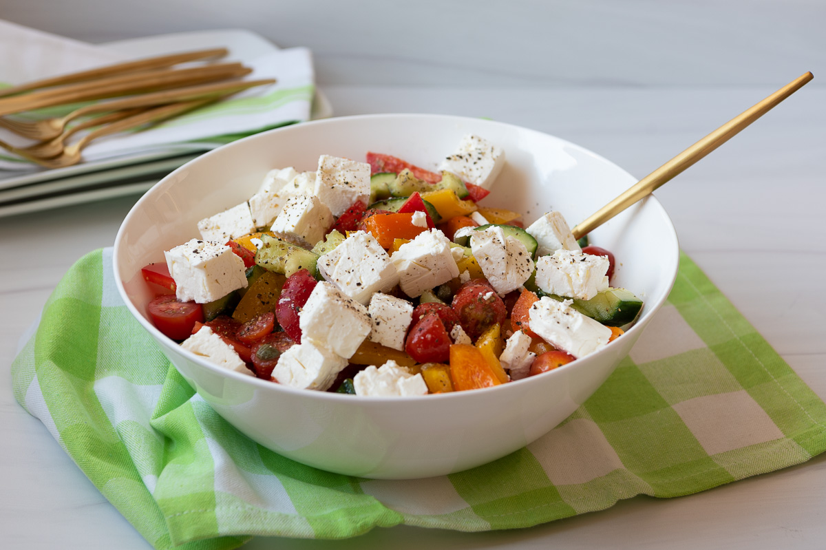 Greek Salad in a white bowl 