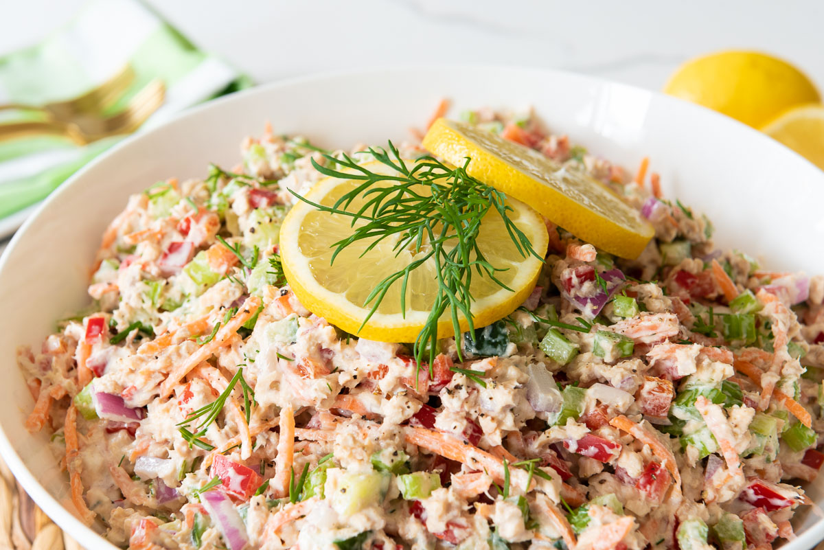 Easy Canned Salmon Salad full of colorful veggies and a creamy Dijon Mayonnaise! 