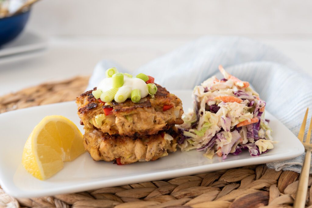 Two Healthy Tuna Burgers with coleslaw