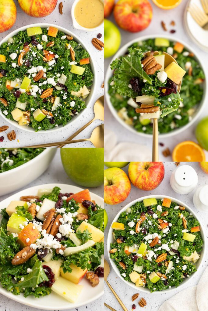 4 Pictures of fall salad with apples and oranges 