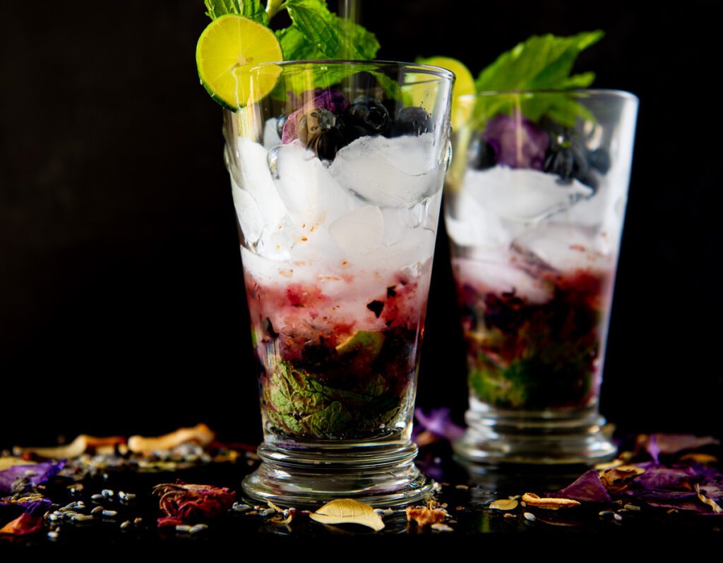 blueberry Mojito Mocktails in Tall Glasses