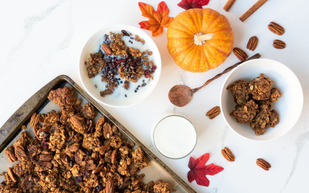Chunk Maple Pecan Gluten-Free Granola with Pumpkins and leaves