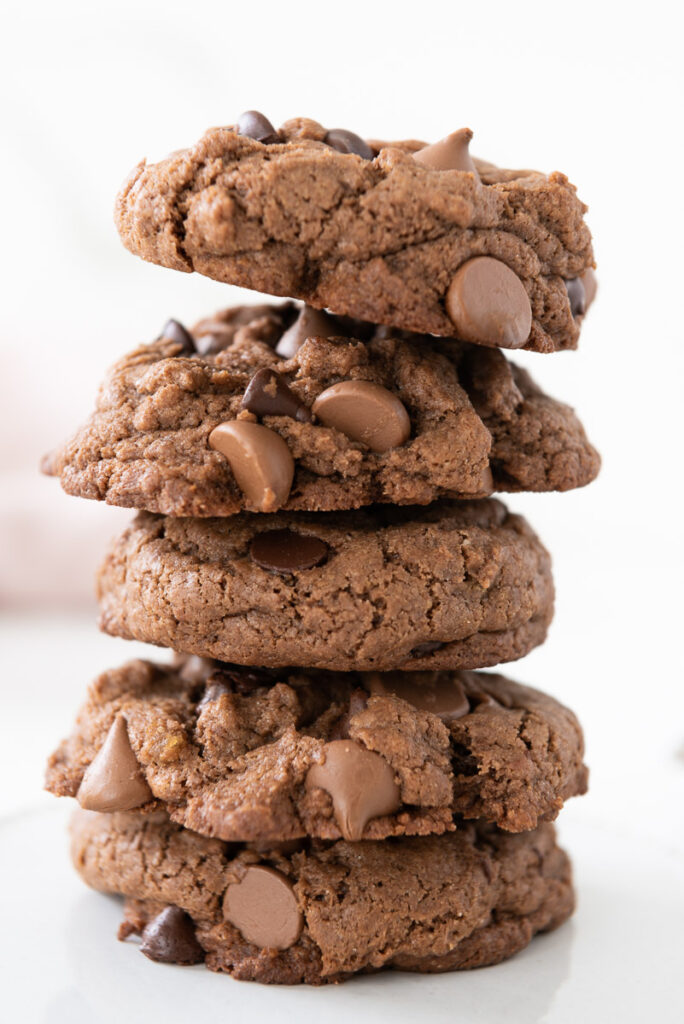 Tall stack of double chocolate chip cookies 