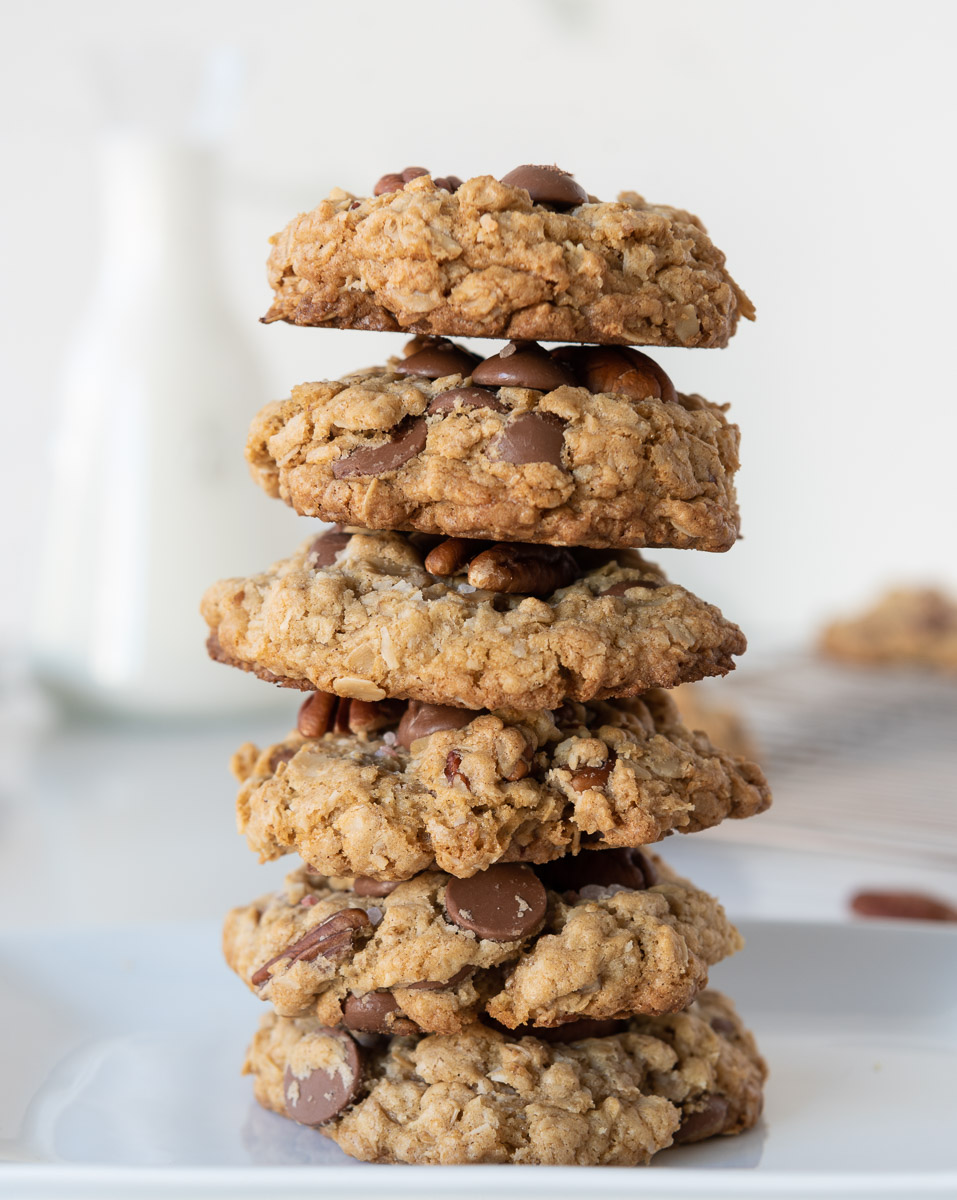 Tall stack of gluten-free cowboy cookies 