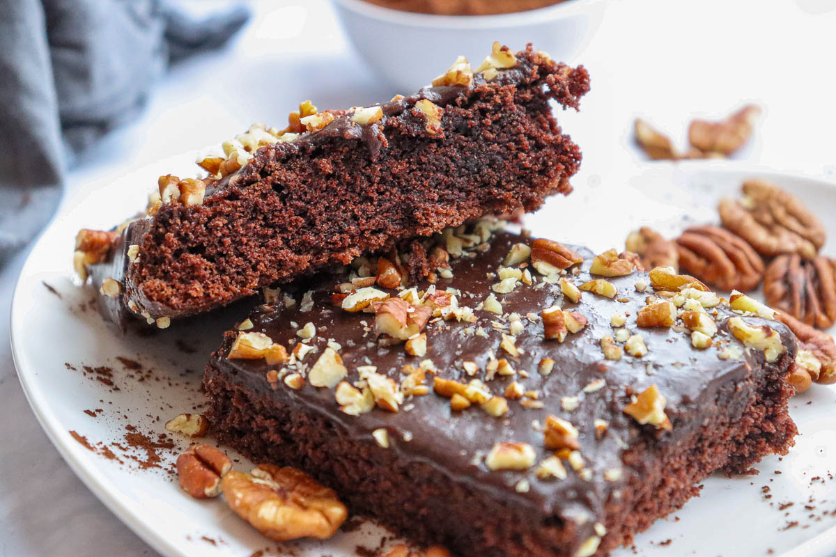 Slices of gluten free chocolate Texas Sheet Cake 