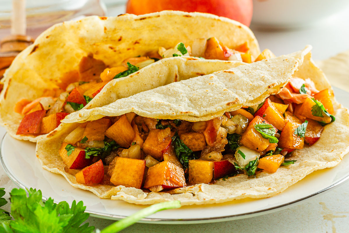 Picture of salmon tacos with peach salsa 