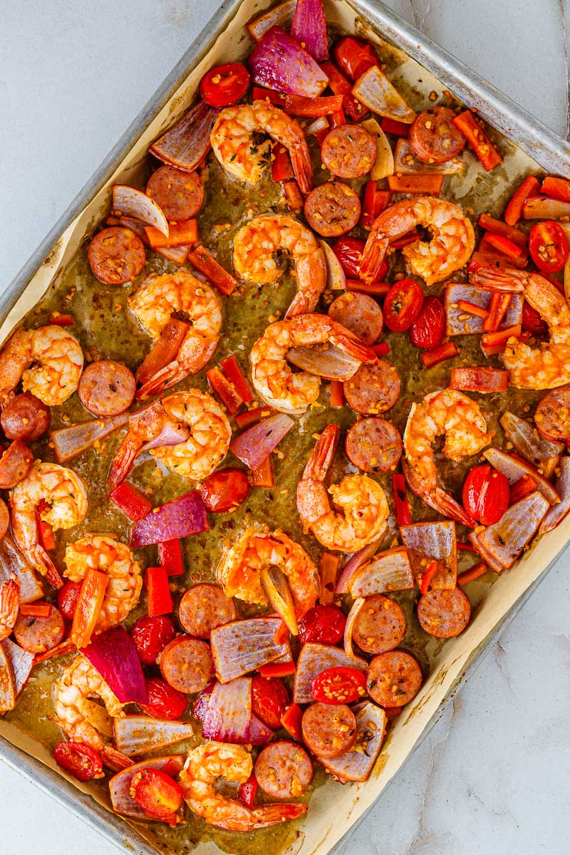 Sheet pan of spiced shrimp and sausage 