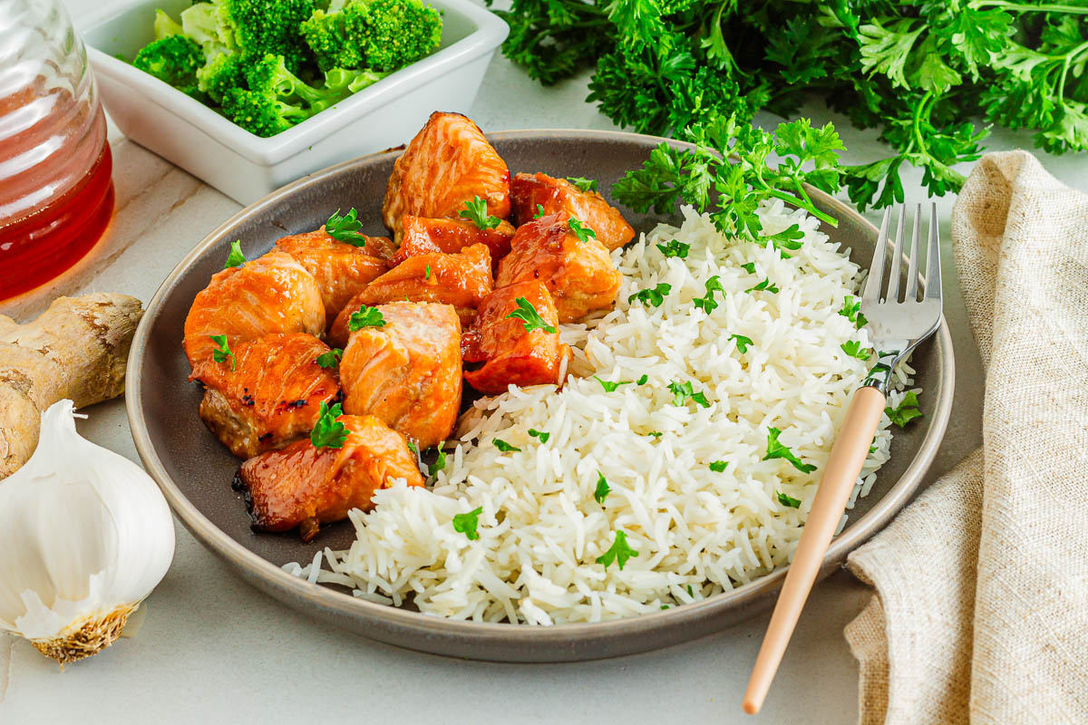 plate of salmon teriyaki bites